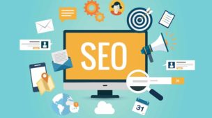 Tela em vetor simulando a ideia de SEO com simbologias exemplificando linkbuilding, site, backlink e afins.